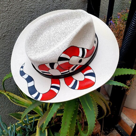 Hand Painted Snake White Fedora Straw Hat Made in Mexico Size Medium - Picture 6 of 13
